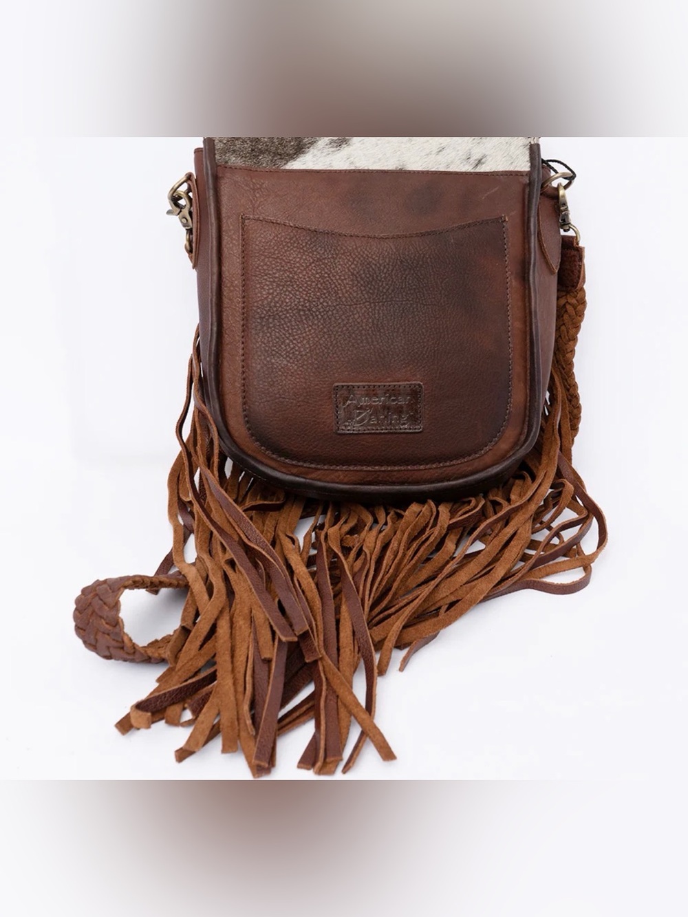 Western Fringe Crossbody Bag with Cowhide Flap - Brown & White - Picture 6 of 6